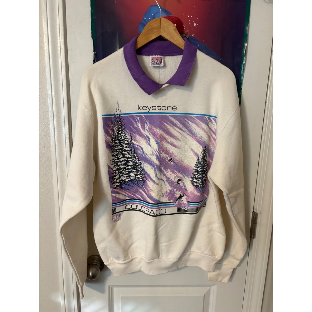 Vintage 1989 Real American Keystone Colorado Ski Sweatshirt Purple Collar L